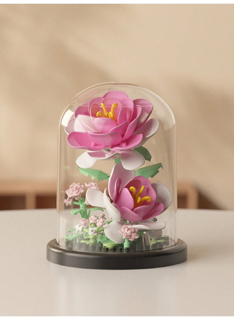 ترتيبات أزهار دائمة من قطع البناء - نماذج زهور مصغرة قابلة للتجميع، تشمل زهور الزنبق، الياسمين، التوليب، الورد، والموكبين، مثالية لديكور المنزل، أفكار هدايا إبداعية لعيد الميلاد، عيد الحب، عيد الفصح، والعطلات الأخرى، مع غطاء واقي وقاعدة. - Image 5